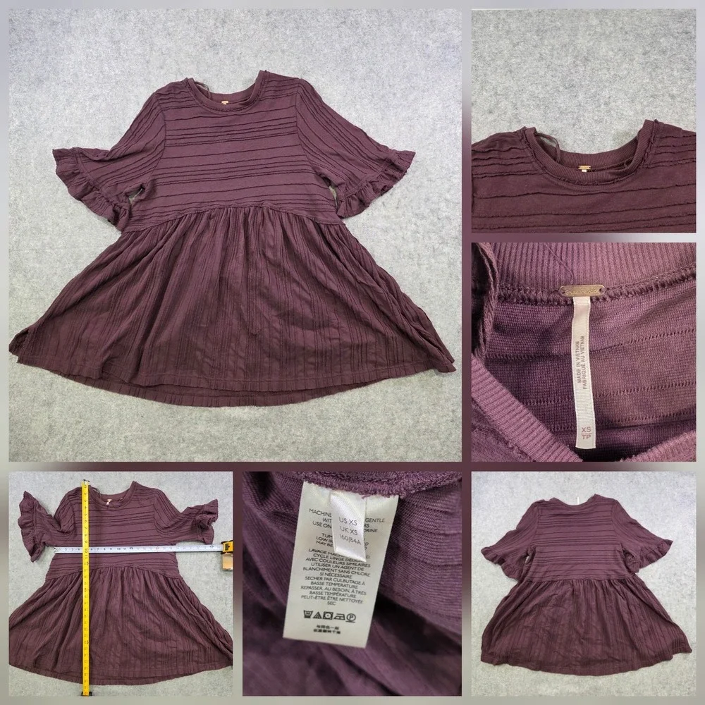 Free People Take A Spin‎ Babydoll Tunic Dress Womens XS Purple Ruffle Flutter